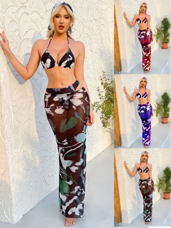 Trodjelni bikini set s printsom, seksi uzorak, poliester, umetne jastučiće za prsa, bez naramenica, za plivanje