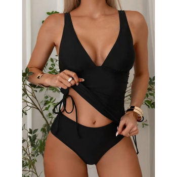 Ženski dvodijelni kupaći kostim, V izrez, visoki struk, vezice na naramenice, podrška grudnom košu