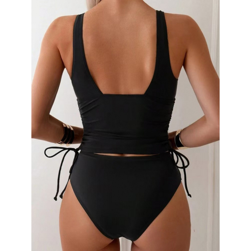 Ženski dvodijelni kupaći kostim, V izrez, visoki struk, vezice na naramenice, podrška grudnom košu
