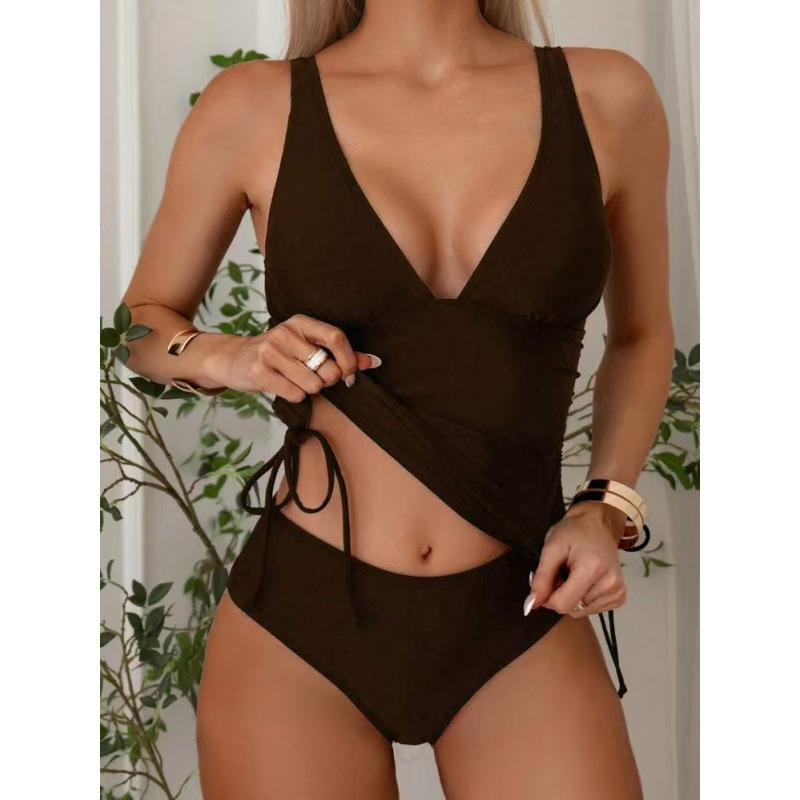 Ženski dvodijelni kupaći kostim, V izrez, visoki struk, vezice na naramenice, podrška grudnom košu