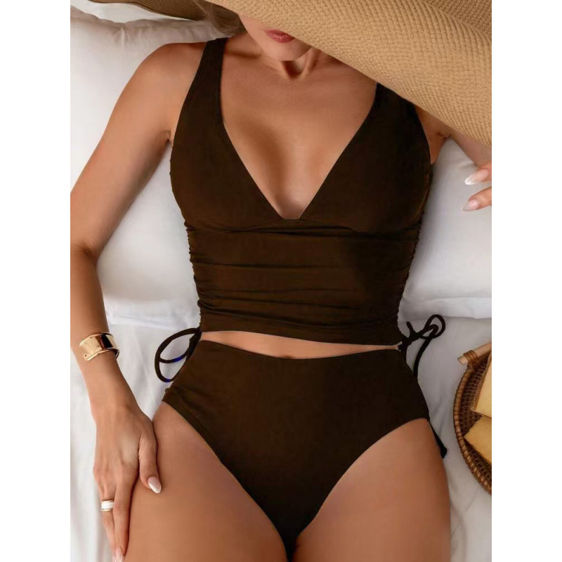Ženski dvodijelni kupaći kostim, V izrez, visoki struk, vezice na naramenice, podrška grudnom košu