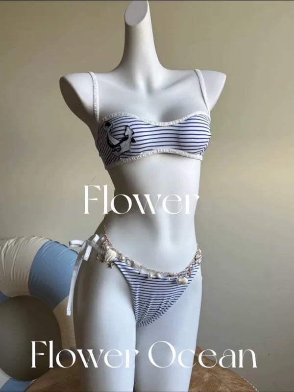 Set de bikini trei piese pentru femei, cu dungi, fără spate, cu pernă pentru bust și fără suport din oțel; nailon 82%, căptușeală poliester 98%, greutate 200 g; potrivit pentru înot