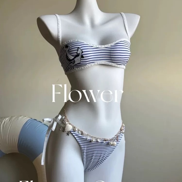 Set de bikini trei piese pentru femei, cu dungi, fără spate, cu pernă pentru bust și fără suport din oțel; nailon 82%, căptușeală poliester 98%, greutate 200 g; potrivit pentru înot