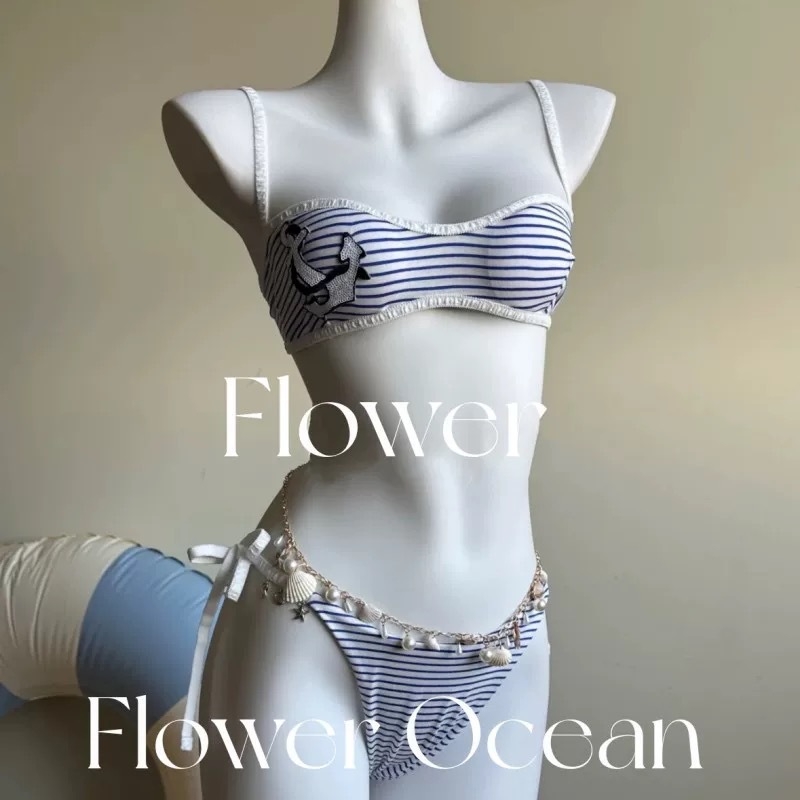 Set de bikini trei piese pentru femei, cu dungi, fără spate, cu pernă pentru bust și fără suport din oțel; nailon 82%, căptușeală poliester 98%, greutate 200 g; potrivit pentru înot