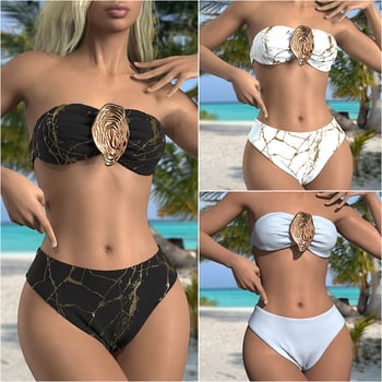 Costum de baie bikini pentru femei, top tubular cu motif scoică, bust căptușit, fără suport metalic; material poliester cu căptușeală din spandex; potrivit pentru înot.