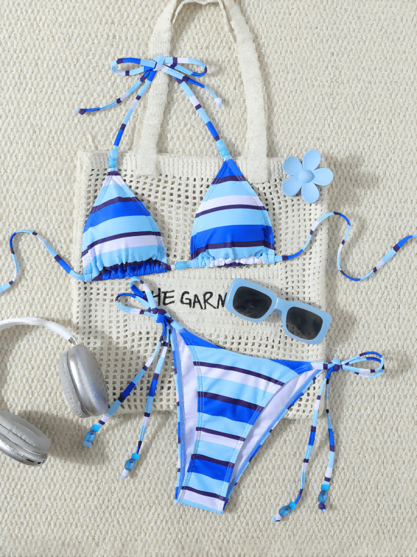 Costum de baie bikini în dungi, cu spate deschis, croială strânsă, cu burete pentru sân, material poliester