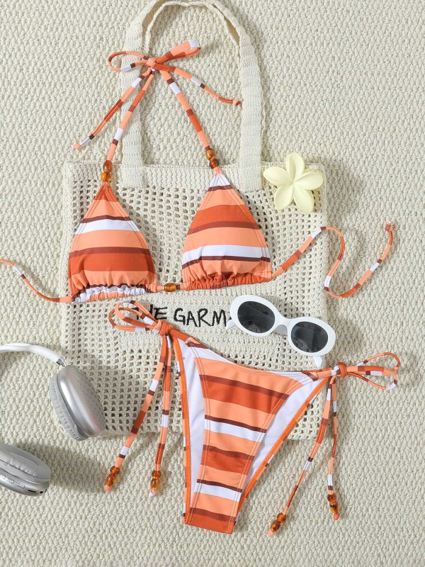 Costum de baie bikini în dungi, cu spate deschis, croială strânsă, cu burete pentru sân, material poliester