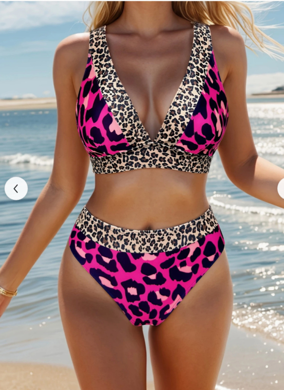 Bikini s leopard uzorkom, visokim strukom, s jastučićima za grudi, poliester 82/18, podstava 95/5 poliester