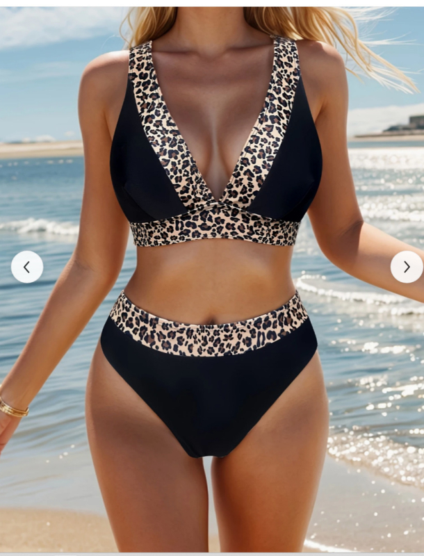 Bikini s leopard uzorkom, visokim strukom, s jastučićima za grudi, poliester 82/18, podstava 95/5 poliester