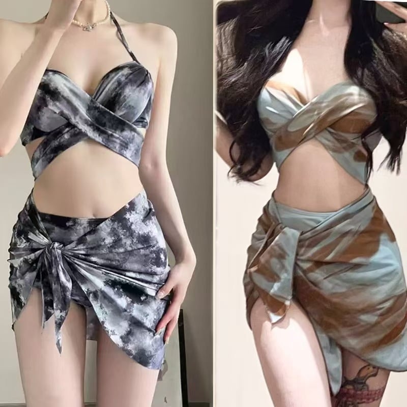 Комплект дамски бански от три части, градиентен принт, плат млечна коприна, 88% полиестер, подплънки за бюст