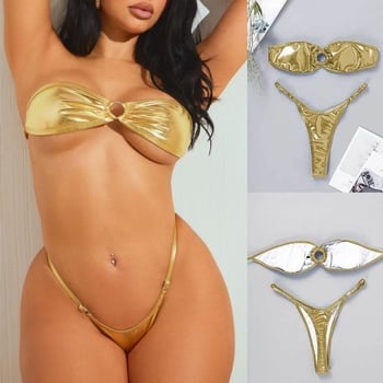 Costum de baie bikini din două piese, top fără bretele, cu burete, spate deschis, țesătură poliester cu căptușeală din spandex, croială strânsă