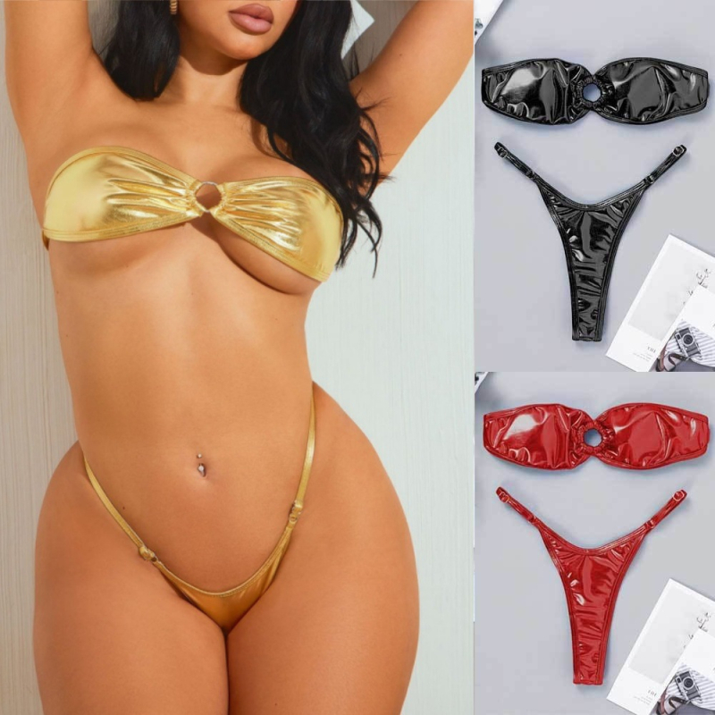 Costum de baie bikini din două piese, top fără bretele, cu burete, spate deschis, țesătură poliester cu căptușeală din spandex, croială strânsă