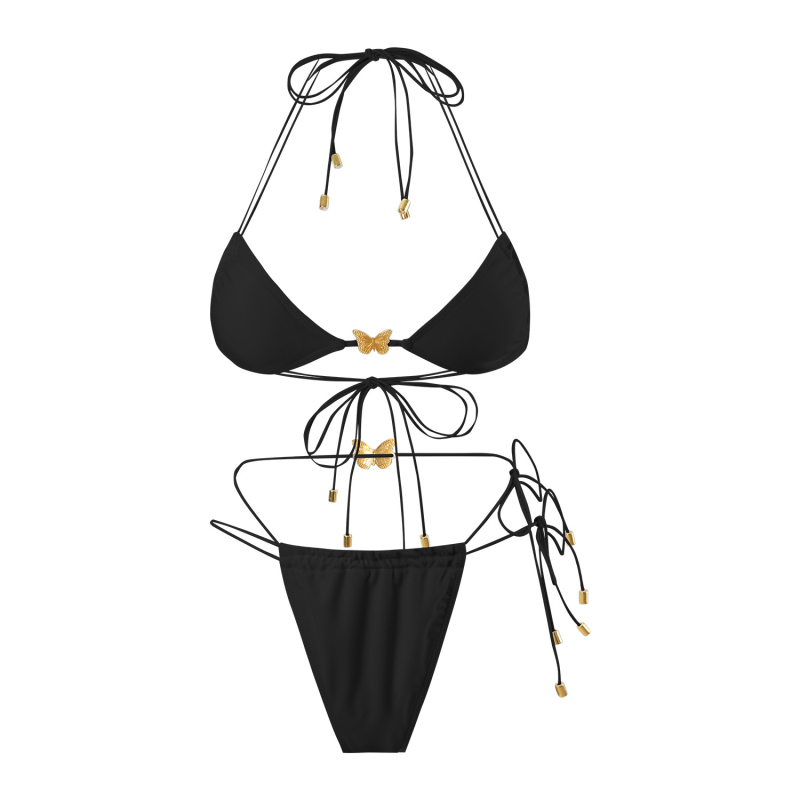 Ženski bikini od poliestera, podstava trokutasti gornji dio s jastučićem, bez naramenica, donji dio u stilu briefs, vanjska tkanina 82% poliester, podstava 18% spandex, težina tkanine 150 g