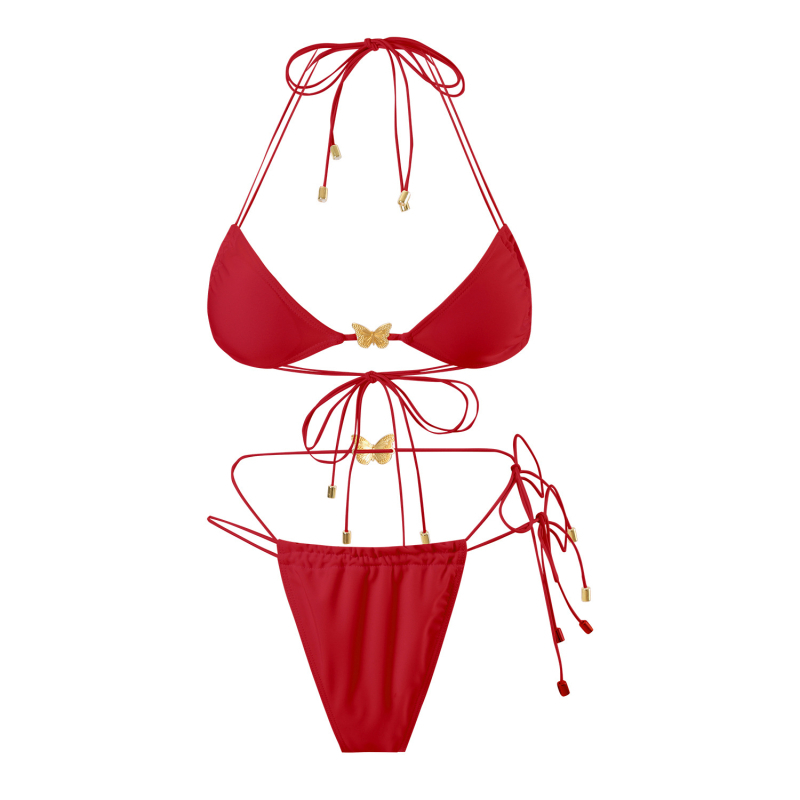 Ženski bikini od poliestera, podstava trokutasti gornji dio s jastučićem, bez naramenica, donji dio u stilu briefs, vanjska tkanina 82% poliester, podstava 18% spandex, težina tkanine 150 g