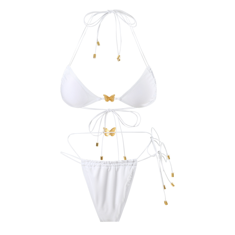 Ženski bikini od poliestera, podstava trokutasti gornji dio s jastučićem, bez naramenica, donji dio u stilu briefs, vanjska tkanina 82% poliester, podstava 18% spandex, težina tkanine 150 g