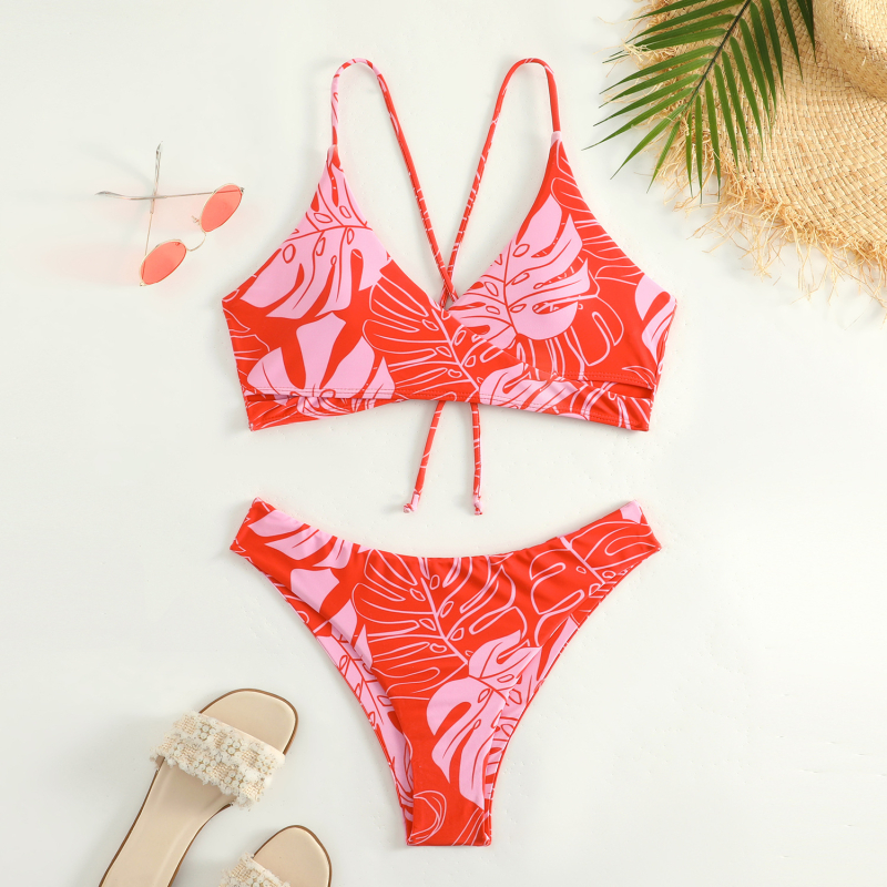 Ženski dvodijelni bikini set, cvjetni uzorak, visokim strukom, brzo sušenje poliester, podstavljeni gornji dio