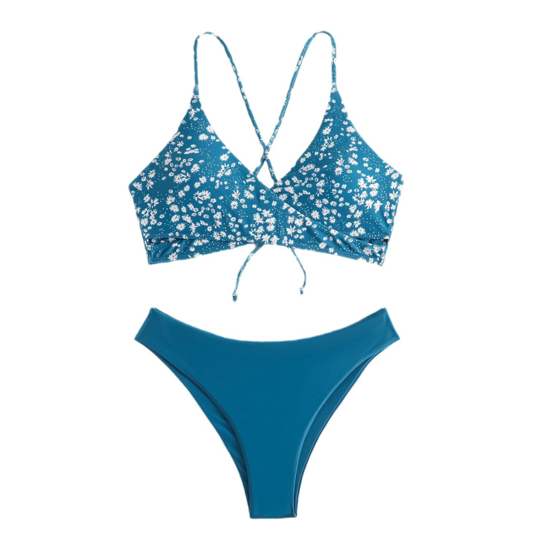 Ženski dvodijelni bikini set, cvjetni uzorak, visokim strukom, brzo sušenje poliester, podstavljeni gornji dio