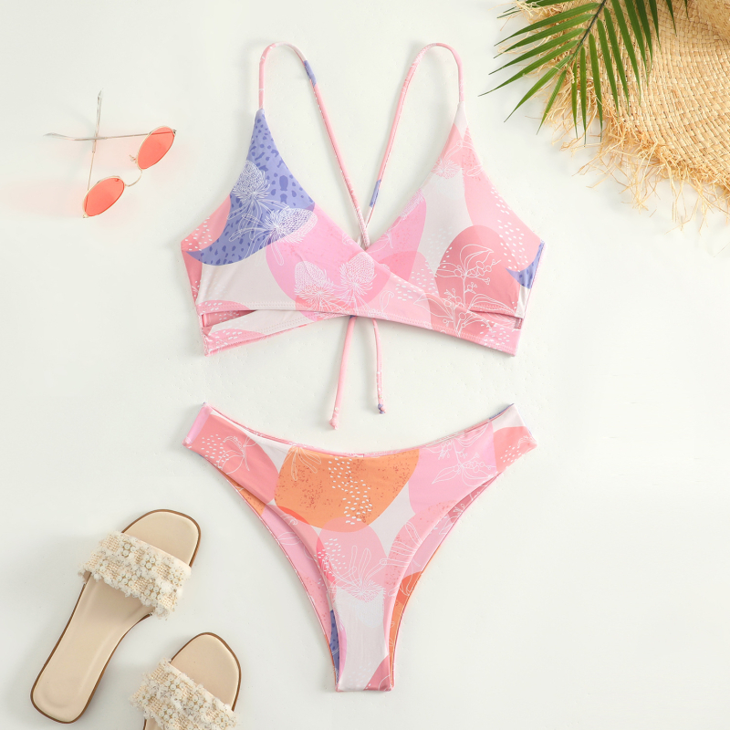 Ženski dvodijelni bikini set, cvjetni uzorak, visokim strukom, brzo sušenje poliester, podstavljeni gornji dio