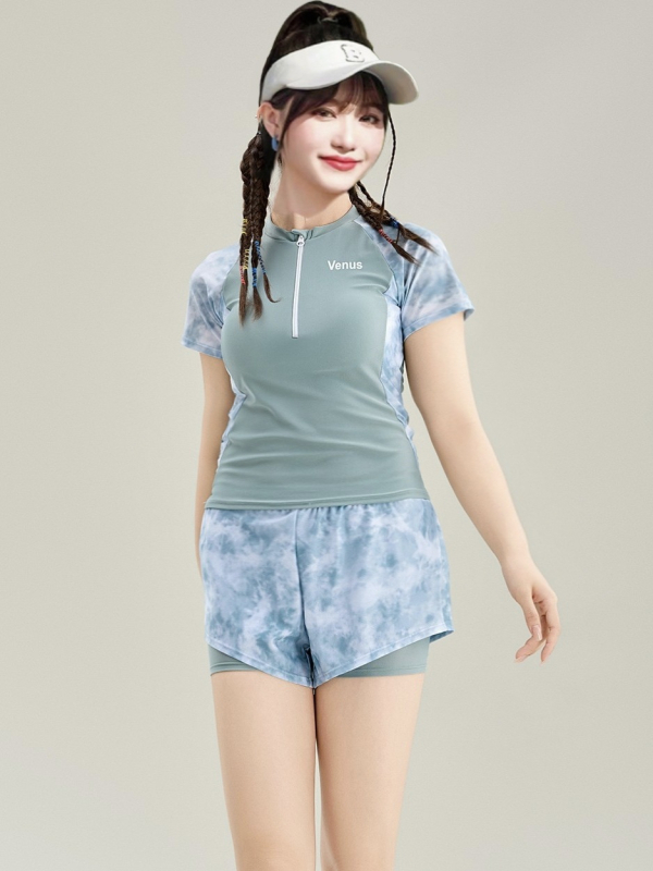 Costum de baie două piese pentru femei, acoperire conservatoare a abdomenului și bureți la bust, material Milk Silk (92% Spandex), 280 g, căptușeală poliester