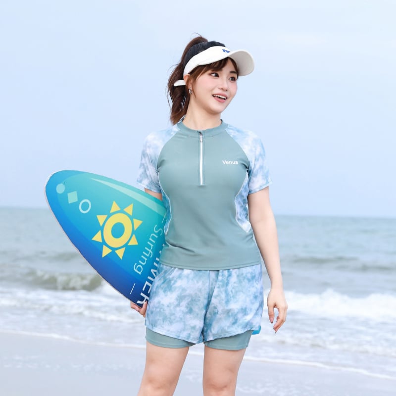 Costum de baie două piese pentru femei, acoperire conservatoare a abdomenului și bureți la bust, material Milk Silk (92% Spandex), 280 g, căptușeală poliester