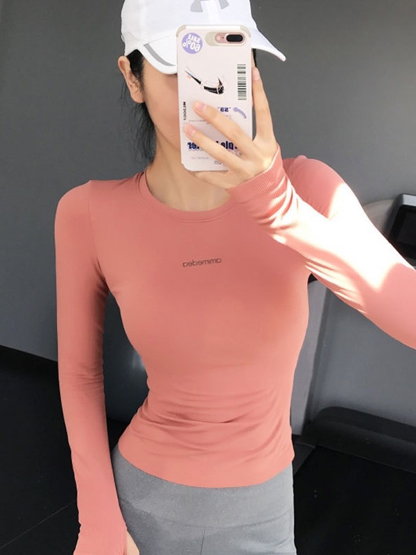 Sporta tops jogai un treniņiem, apaļas kakla līnija, garas piedurknes, ātri žūstošs, mitrumu vadot, Nylon-Spandex audums (90% Nylon, 10% Spandex), vidukļa pieguļošs piegriezums