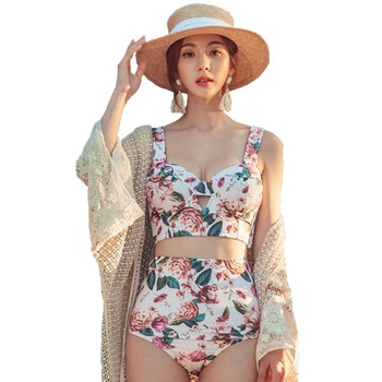 Двучаст бански Push-Up, висок талия, флорален модел, с подложки за гърдите и стоманена опора, полиестерна тъкан 260 г/м²