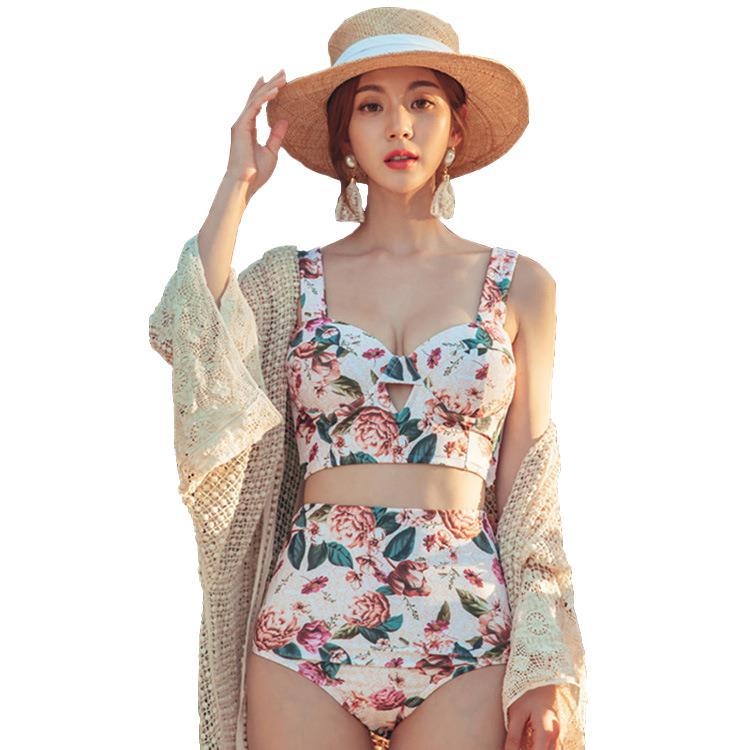 Двучаст бански Push-Up, висок талия, флорален модел, с подложки за гърдите и стоманена опора, полиестерна тъкан 260 г/м²