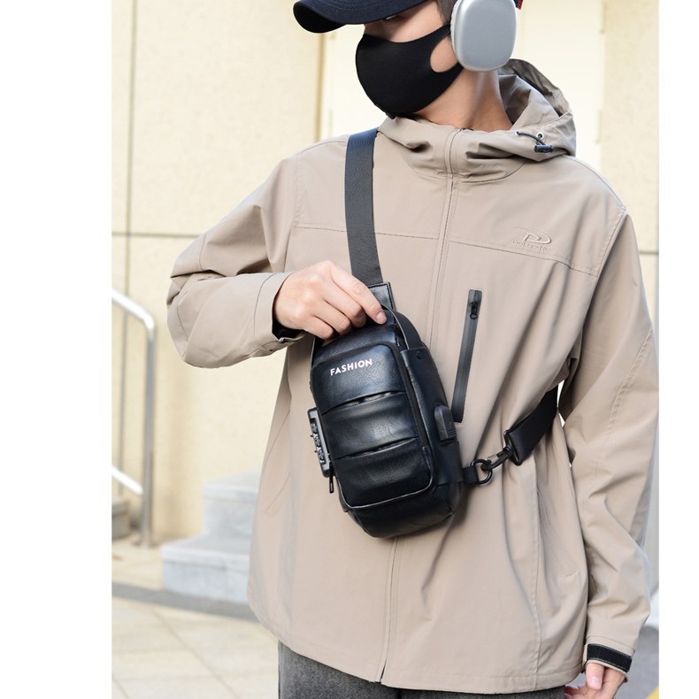 Vīriešu krūšu soma, PU materiāls, ūdensizturīga, poliestera oderde, pavasaris 2024