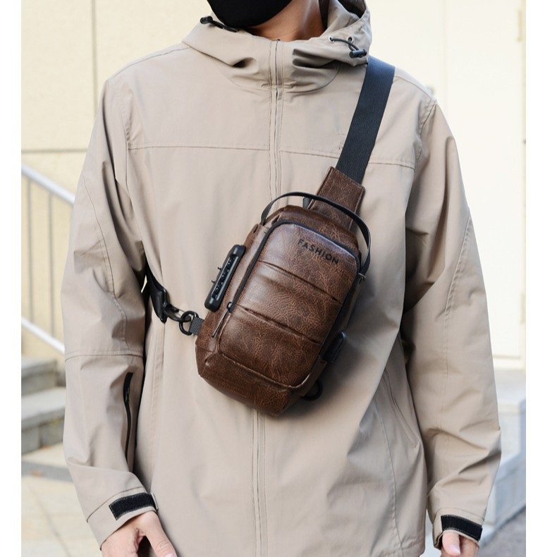 Vīriešu krūšu soma, PU materiāls, ūdensizturīga, poliestera oderde, pavasaris 2024