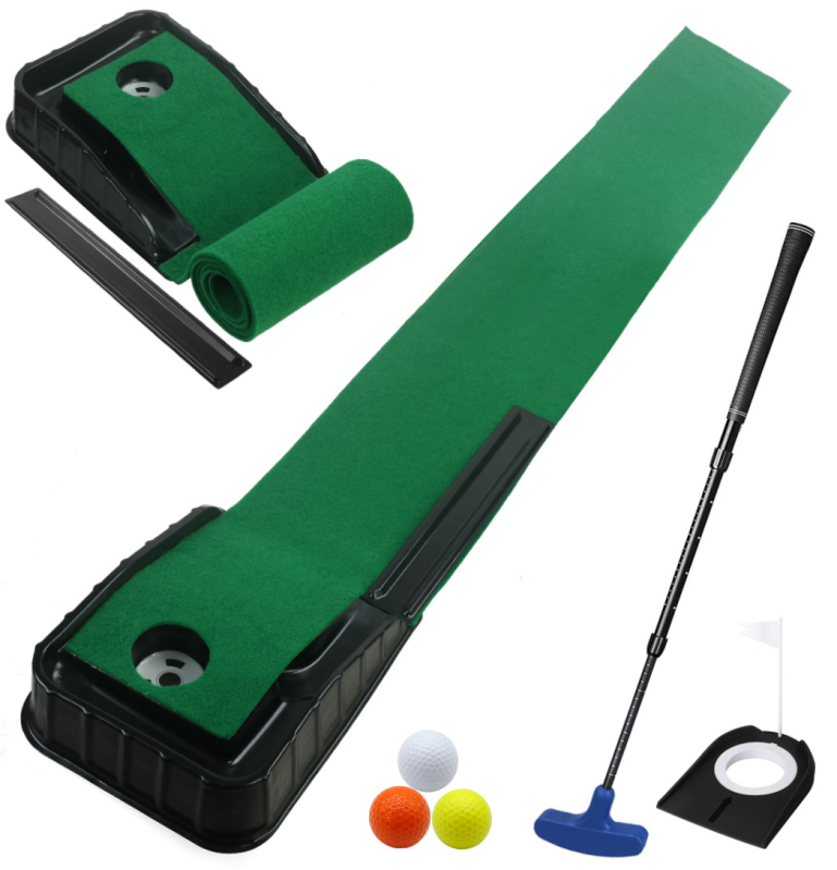 Упражнител за голф патер — портативен мини автоматичен връщач на топката; велурова основа + blister база; отпечатано лого; персонализация налична; HOWTRUE