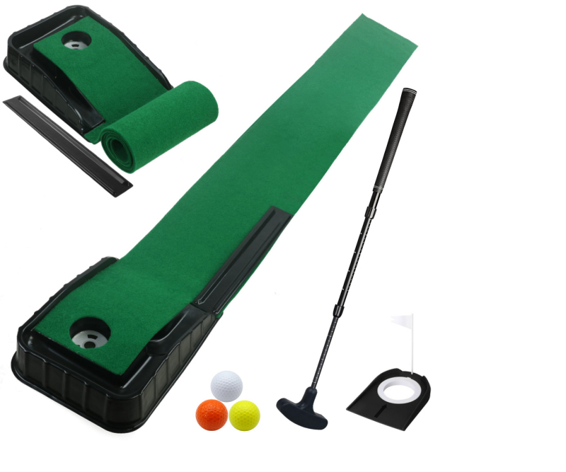 Упражнител за голф патер — портативен мини автоматичен връщач на топката; велурова основа + blister база; отпечатано лого; персонализация налична; HOWTRUE