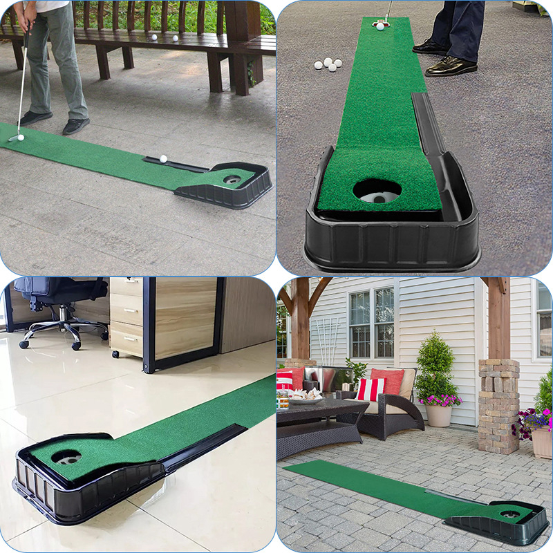 Упражнител за голф патер — портативен мини автоматичен връщач на топката; велурова основа + blister база; отпечатано лого; персонализация налична; HOWTRUE