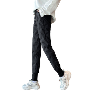 Moterų žieminės kelnės su pūkeliu, aukštas juosmuo, siauras kirpimas, poliesterio pluoštas su balto ančių pūku, žiema 2024