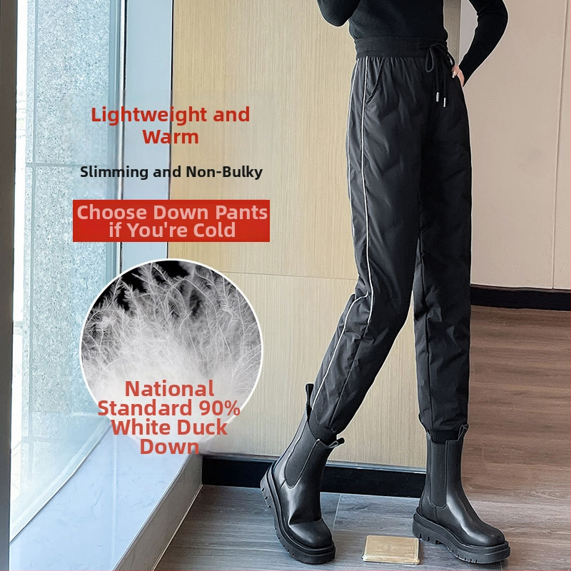 Moterų žieminės kelnės su pūkeliu, aukštas juosmuo, siauras kirpimas, poliesterio pluoštas su balto ančių pūku, žiema 2024