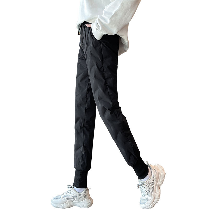 Moterų žieminės kelnės su pūkeliu, aukštas juosmuo, siauras kirpimas, poliesterio pluoštas su balto ančių pūku, žiema 2024