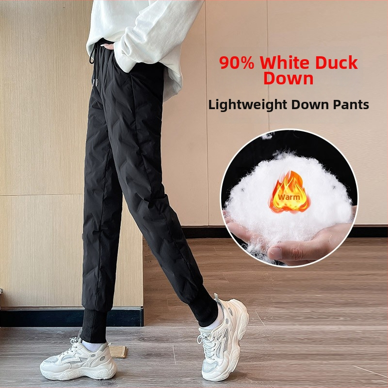 Moterų žieminės kelnės su pūkeliu, aukštas juosmuo, siauras kirpimas, poliesterio pluoštas su balto ančių pūku, žiema 2024