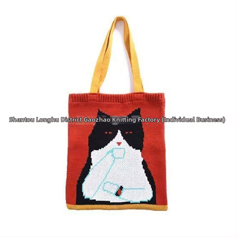 Polüesterist knitsitud kott, jaapani stiilis karikatuuride järgi, vertikaalne ruutu kuju, avatud ülaosaga, välis avatud tasku, topelt õlarihmad, polüestervooder, keskmine kõvadus