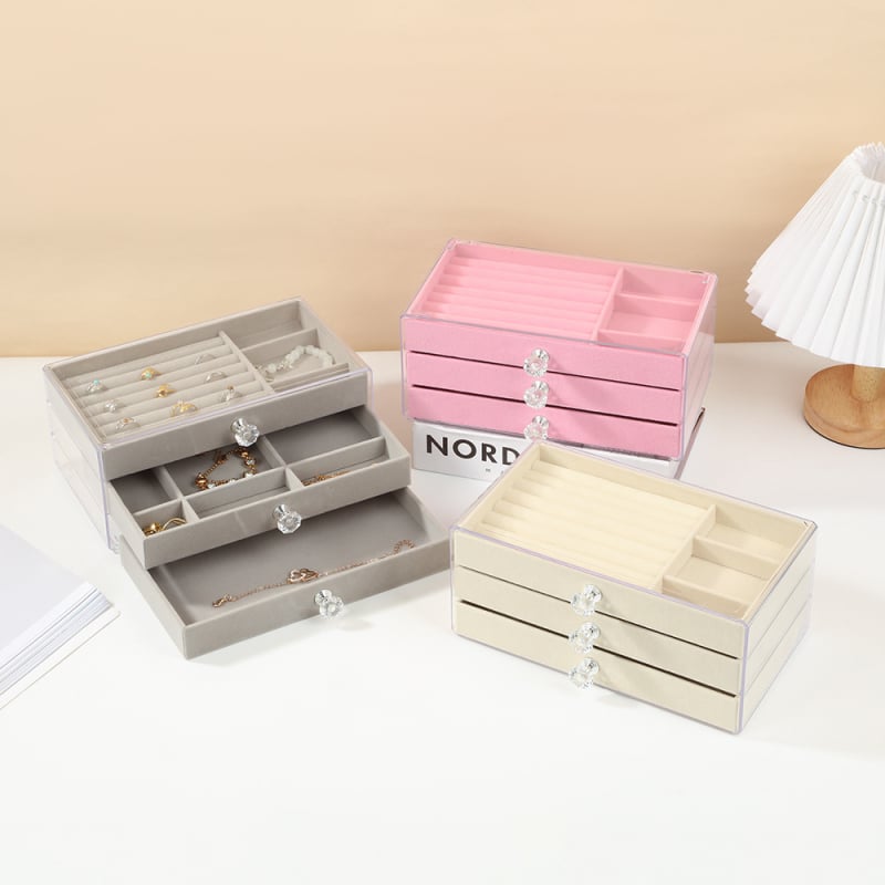 Cutie pentru bijuterii cu trei niveluri pentru birou, din material compozit, anti-praf, rezistentă la umezeală, portabil