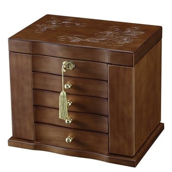 Cutie pentru bijuterii din lemn masiv cu lacăt – Organizator de birou cu 5 niveluri pentru colare, cercei și brățări – protecție împotriva prafului și oxidării