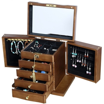 Cutie pentru bijuterii din lemn masiv cu lacăt – Organizator de birou cu 5 niveluri pentru colare, cercei și brățări – protecție împotriva prafului și oxidării