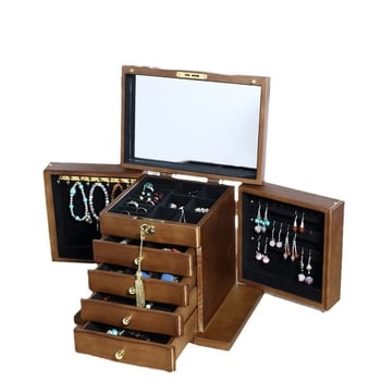 Cutie pentru bijuterii din lemn masiv cu lacăt – Organizator de birou cu 5 niveluri pentru colare, cercei și brățări – protecție împotriva prafului și oxidării