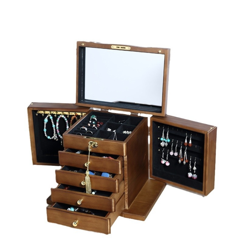Cutie pentru bijuterii din lemn masiv cu lacăt – Organizator de birou cu 5 niveluri pentru colare, cercei și brățări – protecție împotriva prafului și oxidării