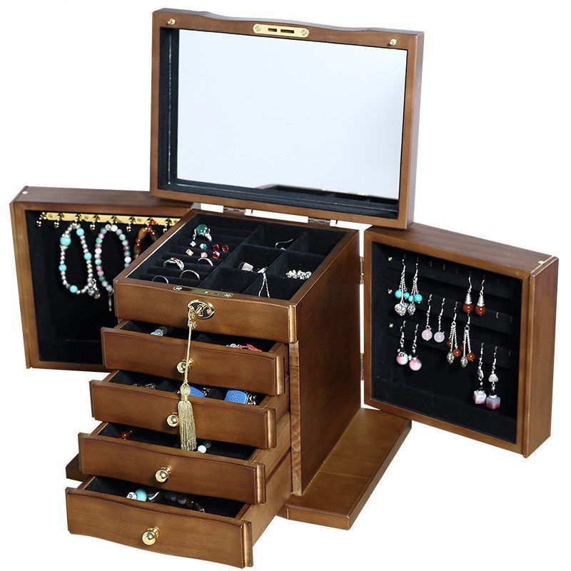 Cutie pentru bijuterii din lemn masiv cu lacăt – Organizator de birou cu 5 niveluri pentru colare, cercei și brățări – protecție împotriva prafului și oxidării