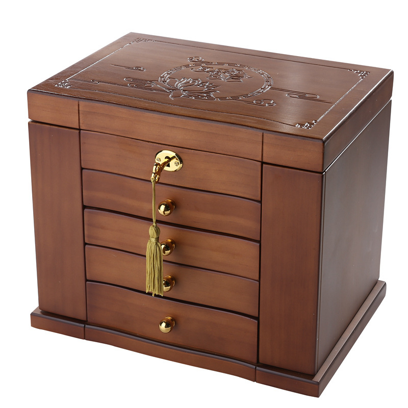 Cutie pentru bijuterii din lemn masiv cu lacăt – Organizator de birou cu 5 niveluri pentru colare, cercei și brățări – protecție împotriva prafului și oxidării