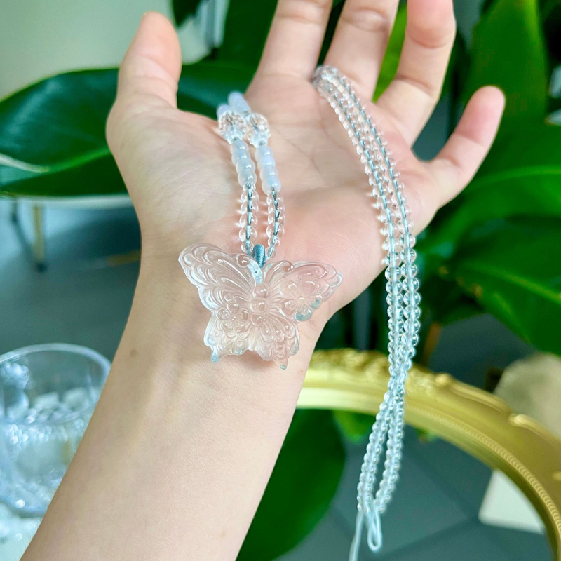 Žensko kolije s privjeskom od kristala – Lisica s devet repova, bijeli kristal, gravirano, kineski stil, kuglični lanac