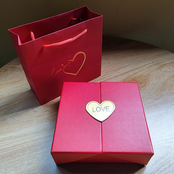 Cutie pentru bijuterii cu uși duble – carton, ambalaj pentru bijuterii, pentru colier/pendant, cu 16 flori de trandafir, cutie cadou și pungă cadou