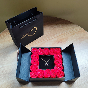 Cutie pentru bijuterii cu uși duble – carton, ambalaj pentru bijuterii, pentru colier/pendant, cu 16 flori de trandafir, cutie cadou și pungă cadou