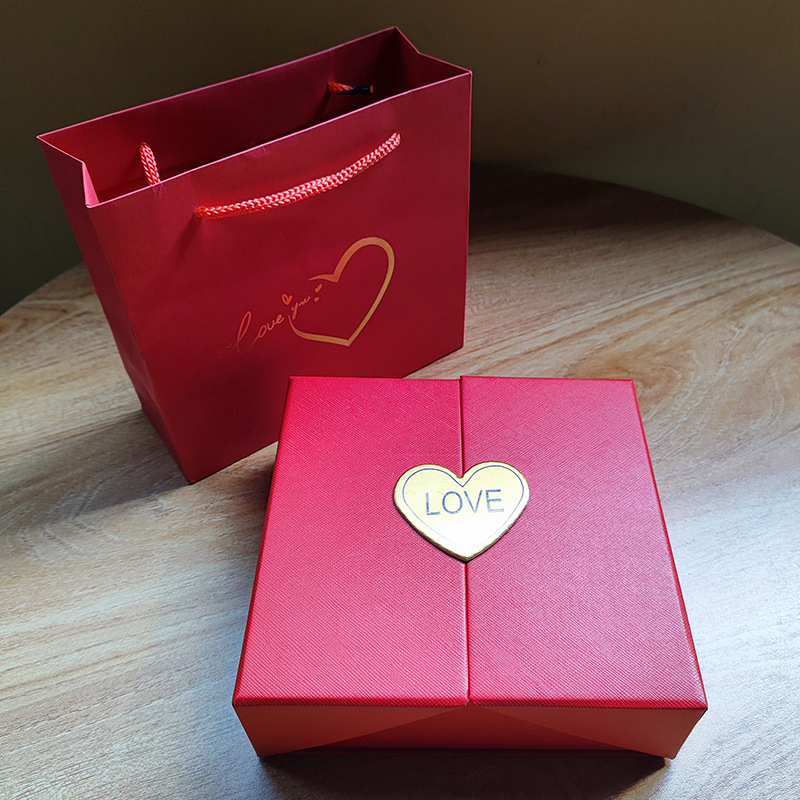 Cutie pentru bijuterii cu uși duble – carton, ambalaj pentru bijuterii, pentru colier/pendant, cu 16 flori de trandafir, cutie cadou și pungă cadou