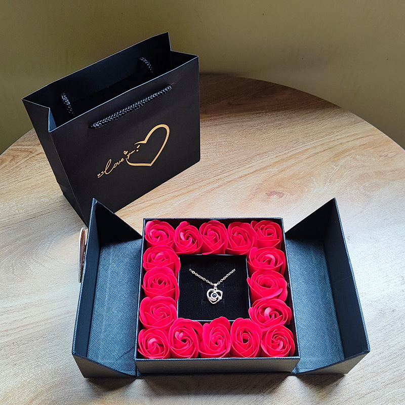 Cutie pentru bijuterii cu uși duble – carton, ambalaj pentru bijuterii, pentru colier/pendant, cu 16 flori de trandafir, cutie cadou și pungă cadou