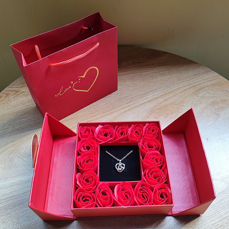 Cutie pentru bijuterii cu uși duble – carton, ambalaj pentru bijuterii, pentru colier/pendant, cu 16 flori de trandafir, cutie cadou și pungă cadou